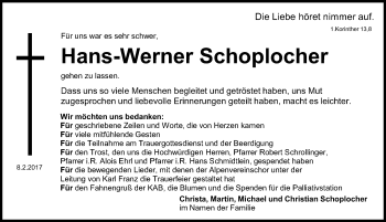 Traueranzeige von Hans-Werner Schoplocher von Schwabach