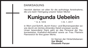 Traueranzeige von Kunigunda Anna Uebelein von Gesamtausgabe Nürnberger Nachrichten/ Nürnberger Ztg.