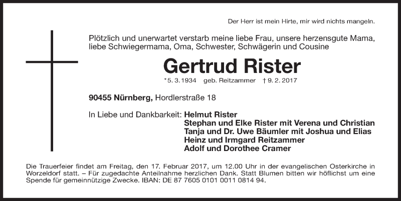  Traueranzeige für Gertrud Rister vom 14.02.2017 aus Gesamtausgabe Nürnberger Nachrichten/ Nürnberger Ztg.