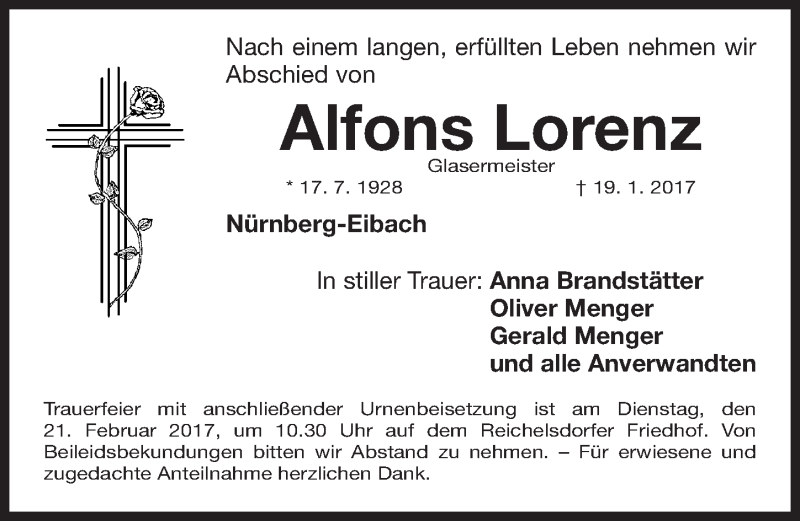  Traueranzeige für Alfons Lorenz vom 18.02.2017 aus Gesamtausgabe Nürnberger Nachrichten/ Nürnberger Ztg.