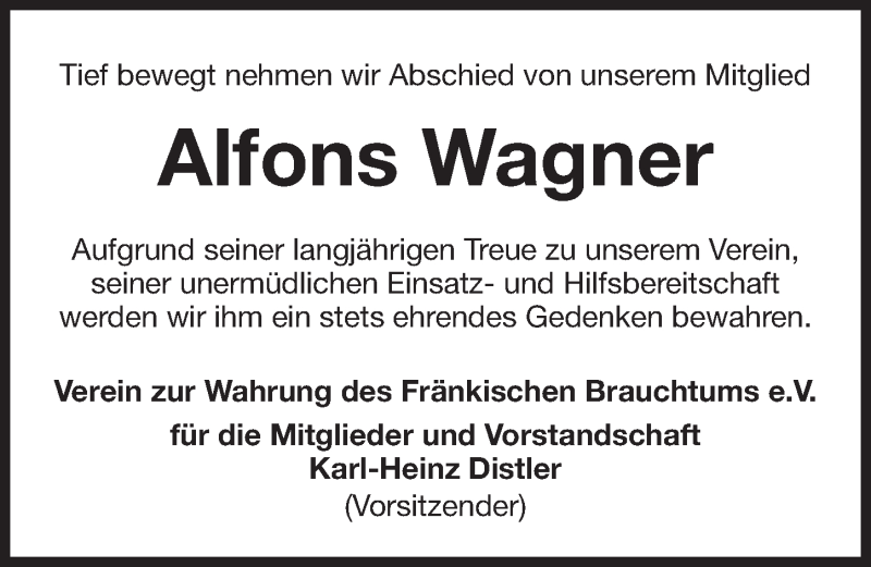  Traueranzeige für Alfons Wagner vom 20.02.2017 aus Nordbayerische Nachrichten Forchheim Lokal