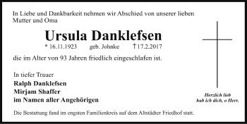 Traueranzeige von Ursula Danklefsen von Erlanger Nachrichten Lokal