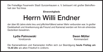 Traueranzeige von Wilhelm Endner von Altmühl-Bote Lokal