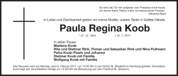 Traueranzeige von Paula Regina Koob von Gesamtausgabe Nürnberger Nachrichten/ Nürnberger Ztg.