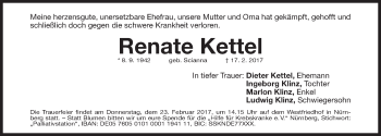 Traueranzeige von Renate Kettel von Gesamtausgabe Nürnberger Nachrichten/ Nürnberger Ztg.