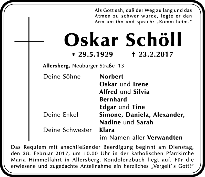  Traueranzeige für Oskar Schöll vom 25.02.2017 aus Roth-Hilpoltsteiner Volkszeitung Lokal