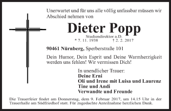 Traueranzeige von Dieter Popp von Gesamtausgabe Nürnberger Nachrichten/ Nürnberger Ztg.