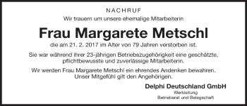 Traueranzeige von Margarete Metschl von Neumarkter Nachrichten Lokal