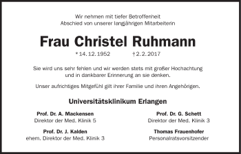 Traueranzeige von Christel Ruhmann von Erlanger Nachrichten Lokal