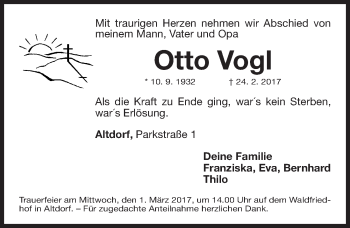 Traueranzeige von Otto Vogl von Gesamtausgabe Nürnberger Nachrichten/ Nürnberger Ztg.