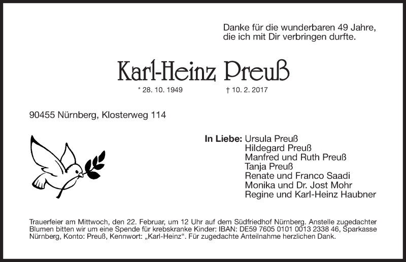  Traueranzeige für Karl-Heinz Preuß vom 18.02.2017 aus Gesamtausgabe Nürnberger Nachrichten/ Nürnberger Ztg.