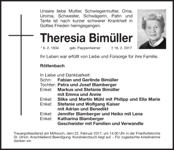 Traueranzeige von Theresia Bimüller von Roth-Hilpoltsteiner Volkszeitung Lokal