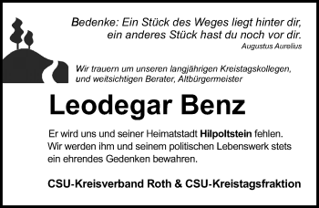 Traueranzeige von Leodegar Benz von Roth-Hilpoltsteiner Volkszeitung Lokal