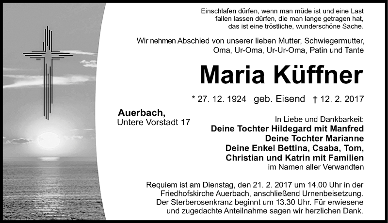  Traueranzeige für Maria Küffner vom 17.02.2017 aus Nordbayerische Nachrichten Pegnitz Lokal