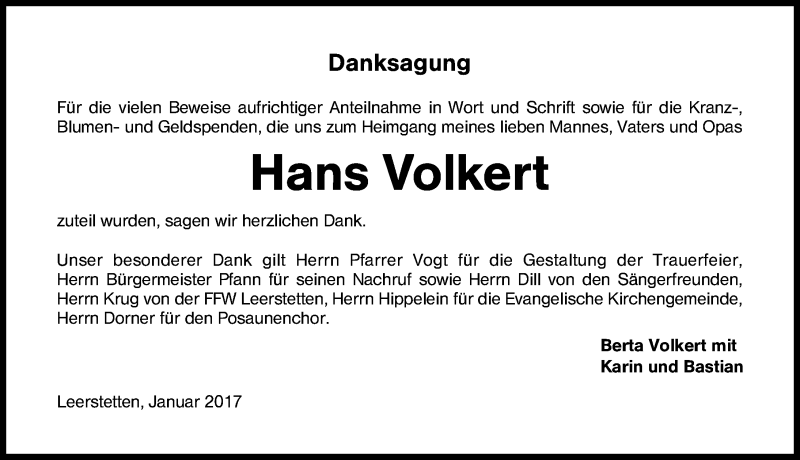  Traueranzeige für Hans Volkert vom 04.02.2017 aus Schwabach
