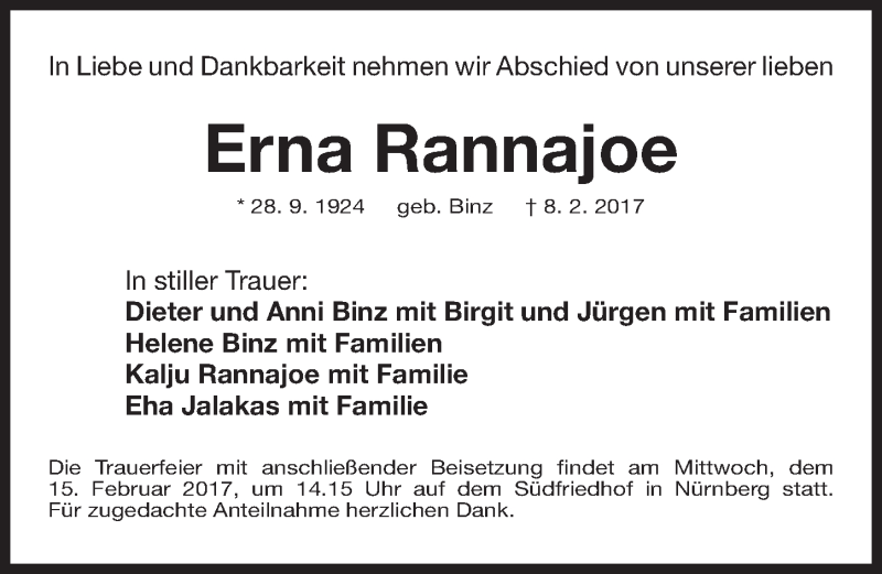  Traueranzeige für Erna Rannajoe vom 11.02.2017 aus Gesamtausgabe Nürnberger Nachrichten/ Nürnberger Ztg.
