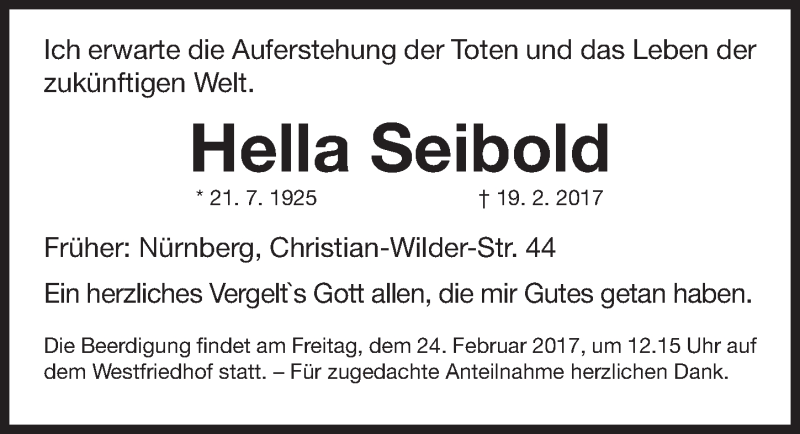  Traueranzeige für Hella Seibold vom 22.02.2017 aus Gesamtausgabe Nürnberger Nachrichten/ Nürnberger Ztg.