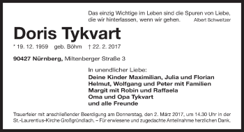 Traueranzeige von Doris Tykvart von Gesamtausgabe Nürnberger Nachrichten/ Nürnberger Ztg./ Fürther Nachrichten