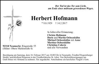 Traueranzeige von Herbert Hofmann von Neumarkter Nachrichten Lokal
