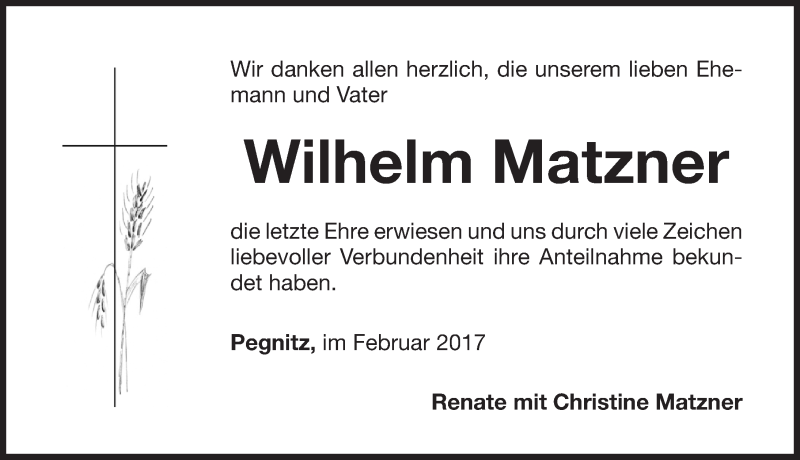  Traueranzeige für Wilhelm Matzner vom 07.02.2017 aus Nordbayerische Nachrichten Pegnitz Lokal