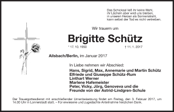 Traueranzeige von Brigitte Schütz von Nordbayerische Nachrichten Herzogenaurach Lokal