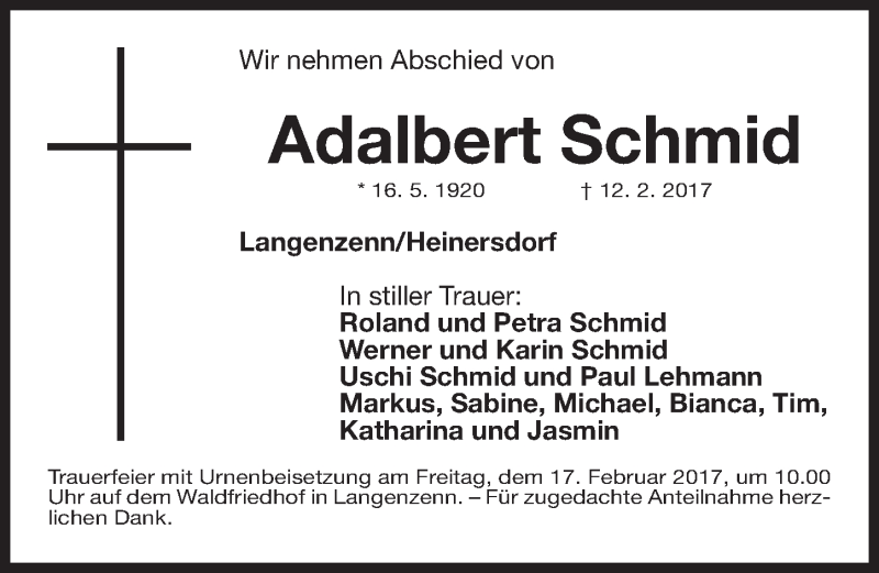  Traueranzeige für Adalbert Schmid vom 15.02.2017 aus Fürther Nachrichten Lokal