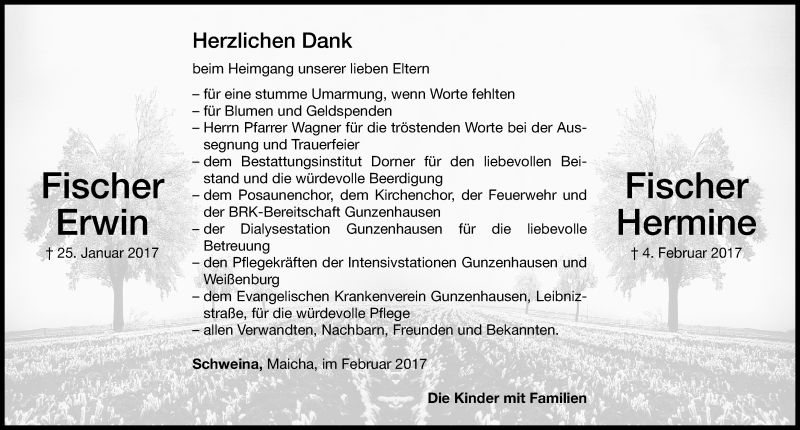  Traueranzeige für Erwin Fischer vom 18.02.2017 aus Altmühl-Bote Lokal