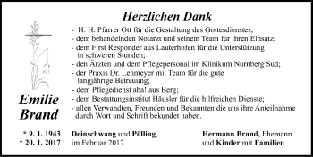 Traueranzeige von Emilie Brand von Neumarkter Nachrichten Lokal