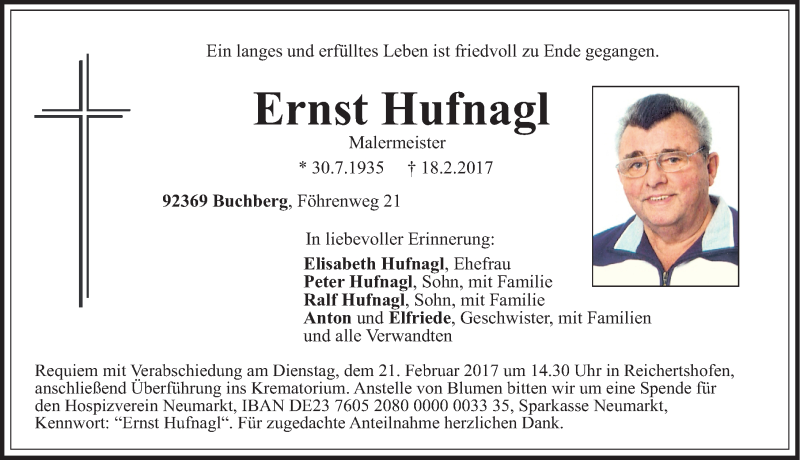  Traueranzeige für Ernst Hufnagl vom 20.02.2017 aus Neumarkter Nachrichten Lokal