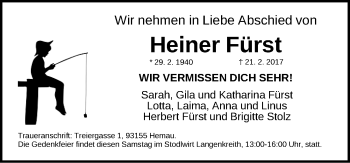 Traueranzeige von Heiner Fürst von Gesamtausgabe Nürnberger Nachrichten/ Nürnberger Ztg.