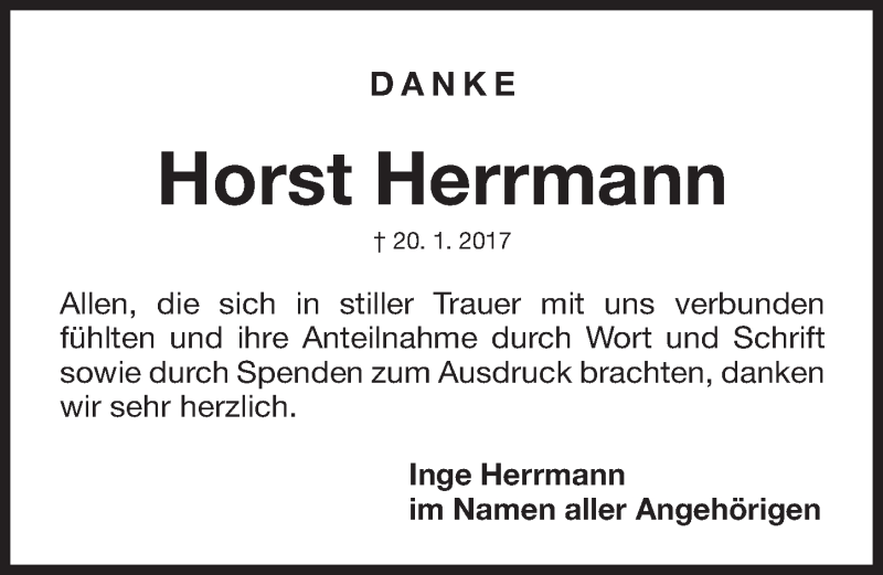  Traueranzeige für Horst Herrmann vom 18.02.2017 aus Gesamtausgabe Nürnberger Nachrichten/ Nürnberger Ztg.