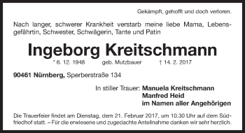 Traueranzeige von Ingeborg Kreitschmann von Gesamtausgabe Nürnberger Nachrichten/ Nürnberger Ztg.