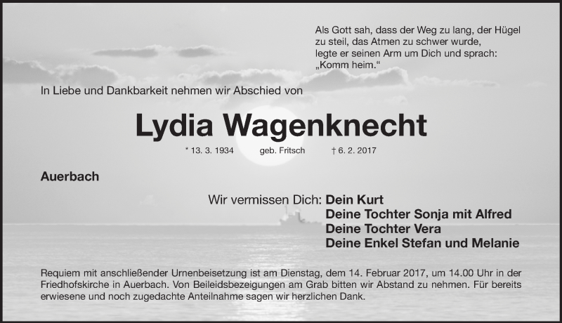  Traueranzeige für Lydia Wagenknecht vom 09.02.2017 aus Nordbayerische Nachrichten Pegnitz Lokal
