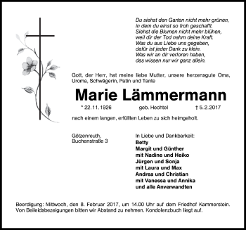 Traueranzeige von Marie Lämmermann von Schwabach