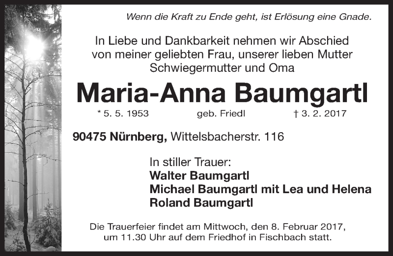  Traueranzeige für Maria-Anna Baumgartl vom 06.02.2017 aus Gesamtausgabe Nürnberger Nachrichten/ Nürnberger Ztg.