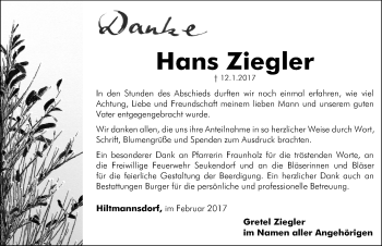 Traueranzeige von Hans Ziegler von Fürther Nachrichten Lokal