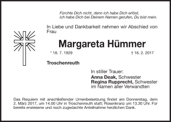 Traueranzeige von Margareta Hümmer von Nordbayerische Nachrichten Pegnitz Lokal