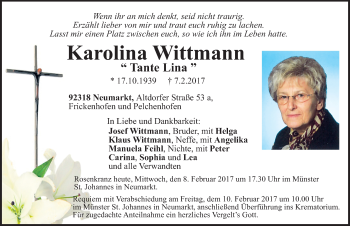 Traueranzeige von Karolina Wittmann von Neumarkter Nachrichten Lokal