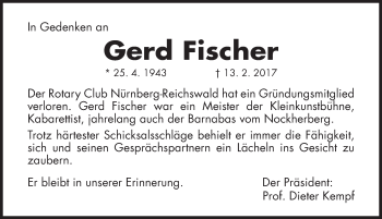 Traueranzeige von Gerd Fischer von Gesamtausgabe Nürnberger Nachrichten/ Nürnberger Ztg.