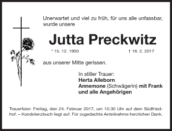 Traueranzeige von Jutta Preckwitz von Gesamtausgabe Nürnberger Nachrichten/ Nürnberger Ztg.