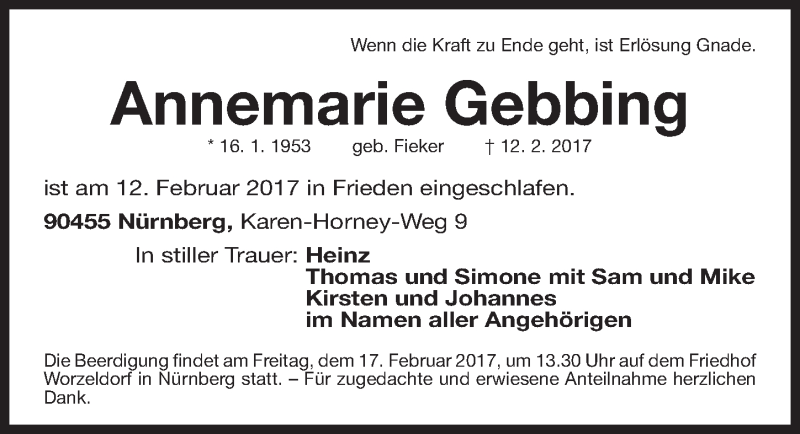  Traueranzeige für Annemarie Gebbing vom 15.02.2017 aus Gesamtausgabe Nürnberger Nachrichten/ Nürnberger Ztg.
