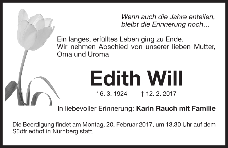  Traueranzeige für Edith Will vom 15.02.2017 aus Gesamtausgabe Nürnberger Nachrichten/ Nürnberger Ztg.