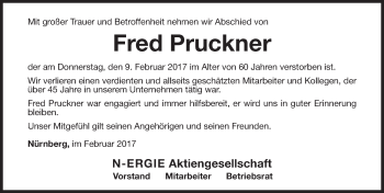 Traueranzeige von Fred Pruckner von Gesamtausgabe Nürnberger Nachrichten/ Nürnberger Ztg.