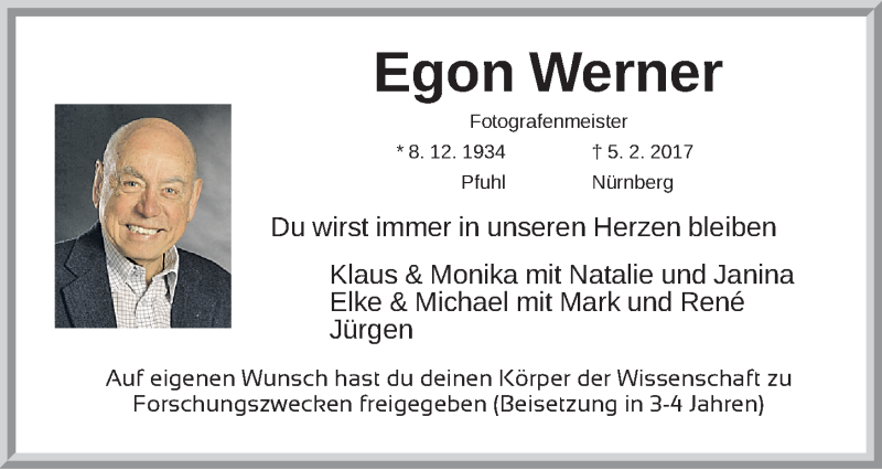  Traueranzeige für Egon Werner vom 11.02.2017 aus Gesamtausgabe Nürnberger Nachrichten/ Nürnberger Ztg.
