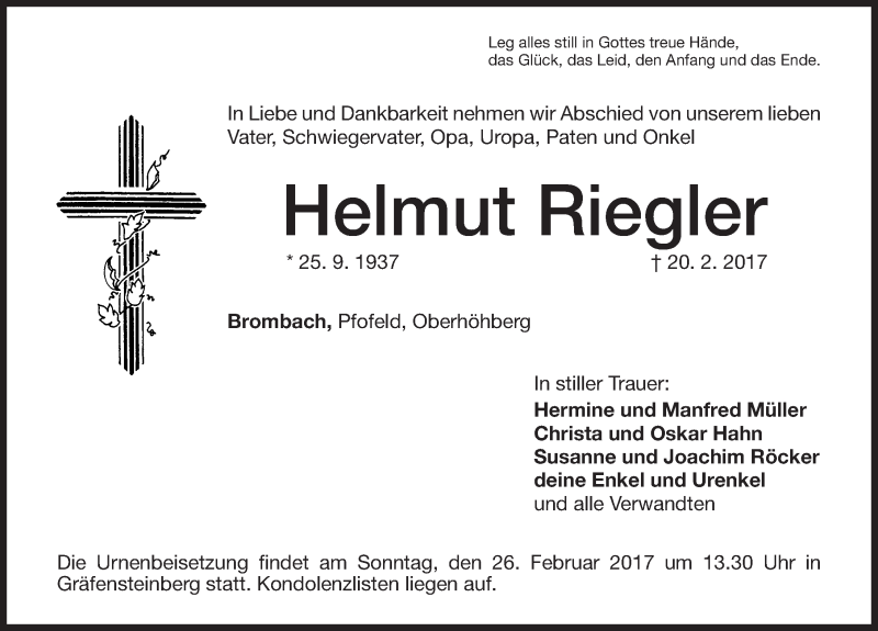  Traueranzeige für Helmut Riegler vom 24.02.2017 aus Altmühl-Bote Lokal