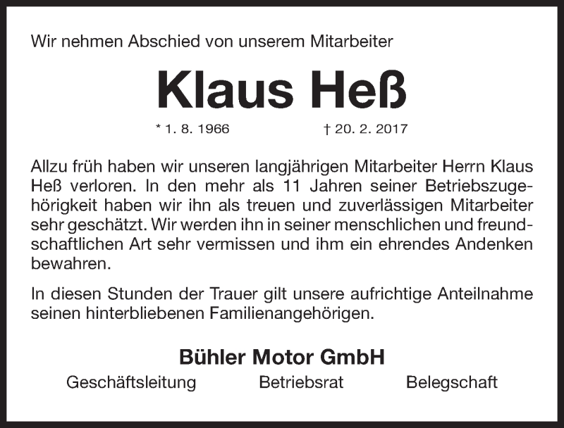  Traueranzeige für Klaus Heß vom 23.02.2017 aus Gesamtausgabe Nürnberger Nachrichten/ Nürnberger Ztg.