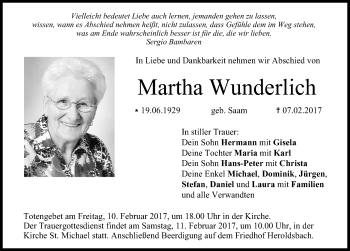 Traueranzeige von Martha Wunderlich von Nordbayerische Nachrichten Forchheim Lokal