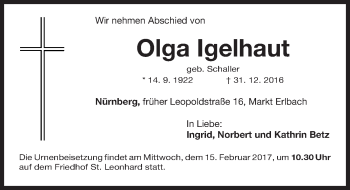 Traueranzeige von Olga Igelhaut von Gesamtausgabe Nürnberger Nachrichten/ Nürnberger Ztg.