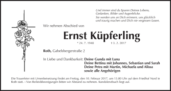 Traueranzeige von Ernst Küpferling von Roth-Hilpoltsteiner Volkszeitung Lokal
