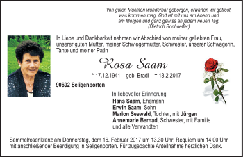 Traueranzeige von Rosa Saam von Neumarkter Nachrichten Lokal